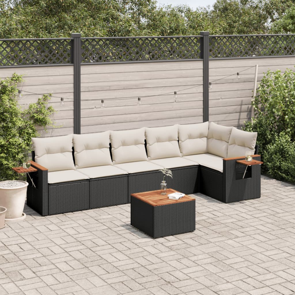 vidaXL 7-tlg. Garten-Sofagarnitur mit Kissen Schwarz Poly Rattan