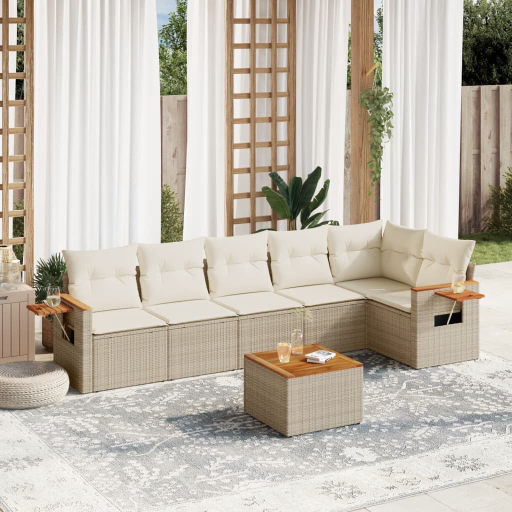 7-tlg. Garten-Sofagarnitur mit Kissen Beige Poly Rattan