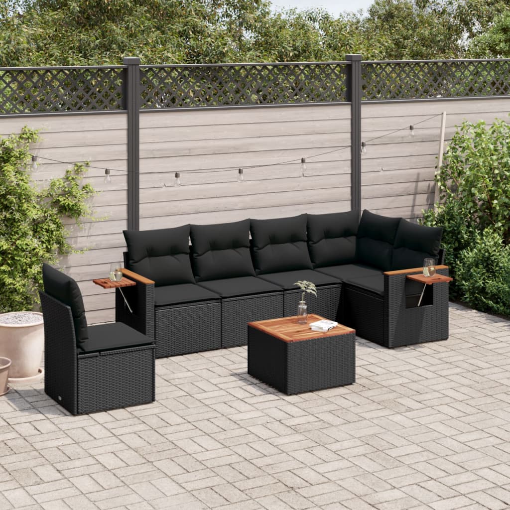 vidaXL 7-tlg. Garten-Sofagarnitur mit Kissen Schwarz Poly Rattan