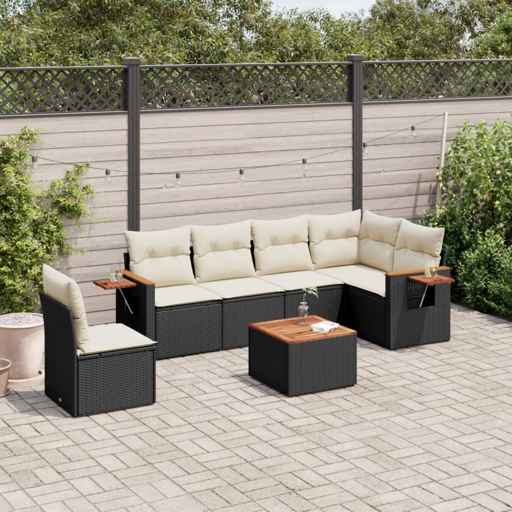 vidaXL 7-tlg. Garten-Sofagarnitur mit Kissen Schwarz Poly Rattan