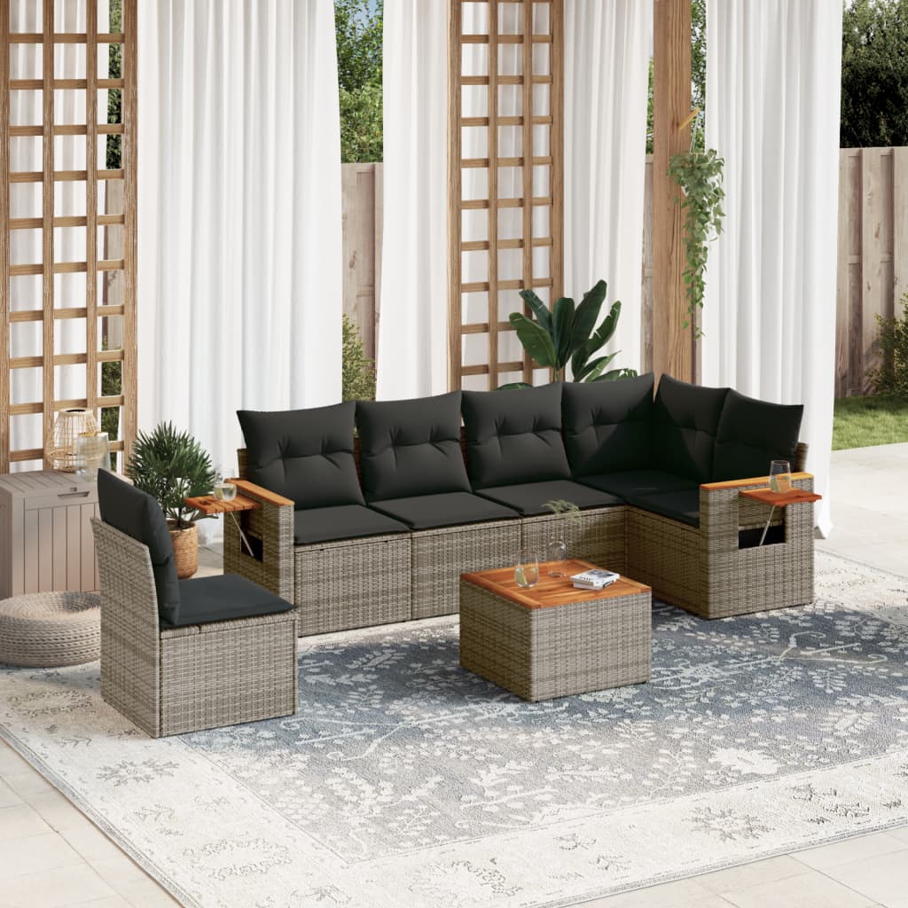 vidaXL 7-tlg. Garten-Sofagarnitur mit Kissen Grau Poly Rattan