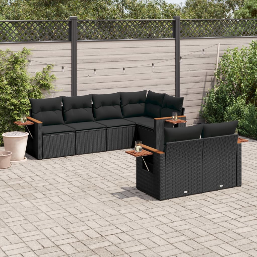 vidaXL 7-tlg. Garten-Sofagarnitur mit Kissen Schwarz Poly Rattan