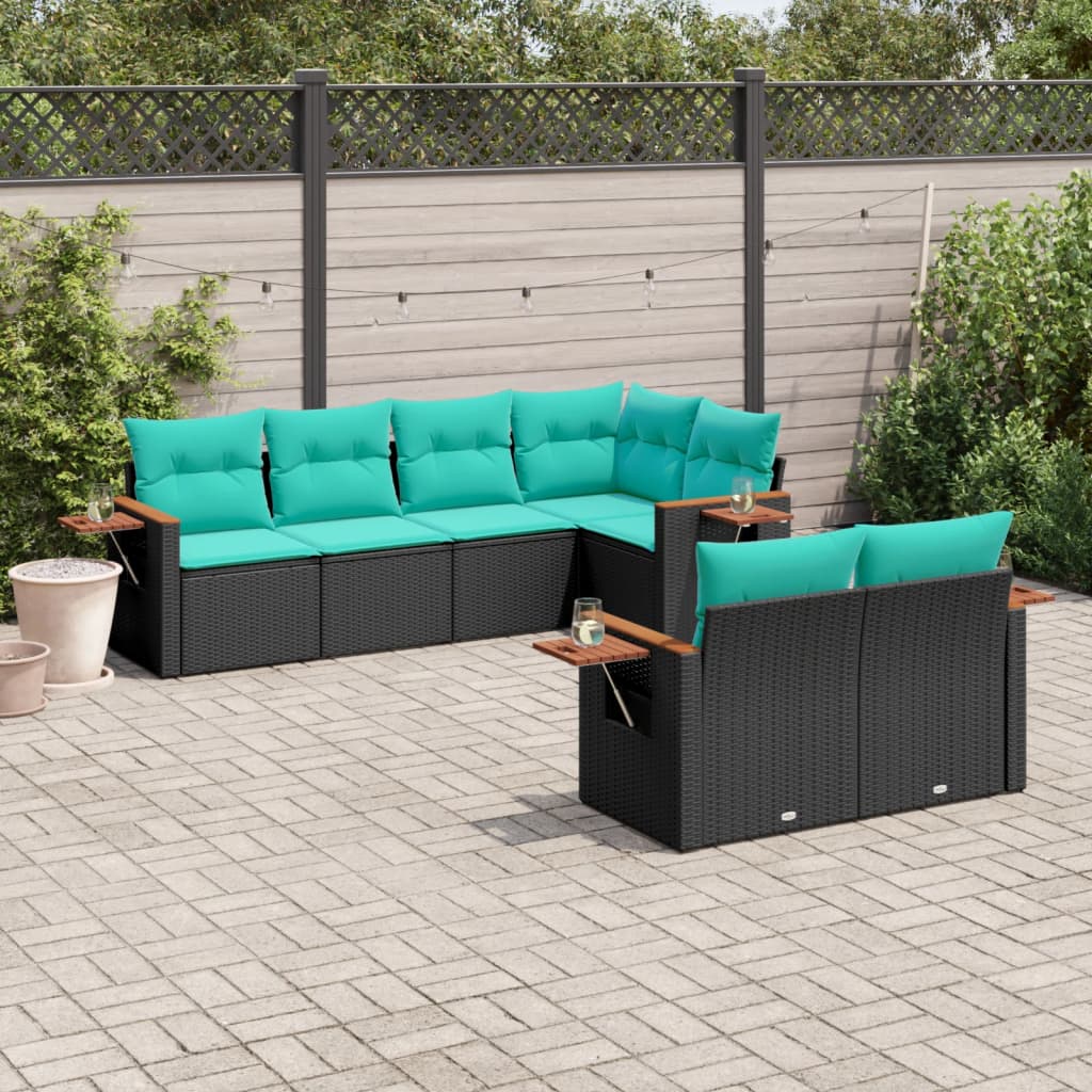 vidaXL 7-tlg. Garten-Sofagarnitur mit Kissen Schwarz Poly Rattan