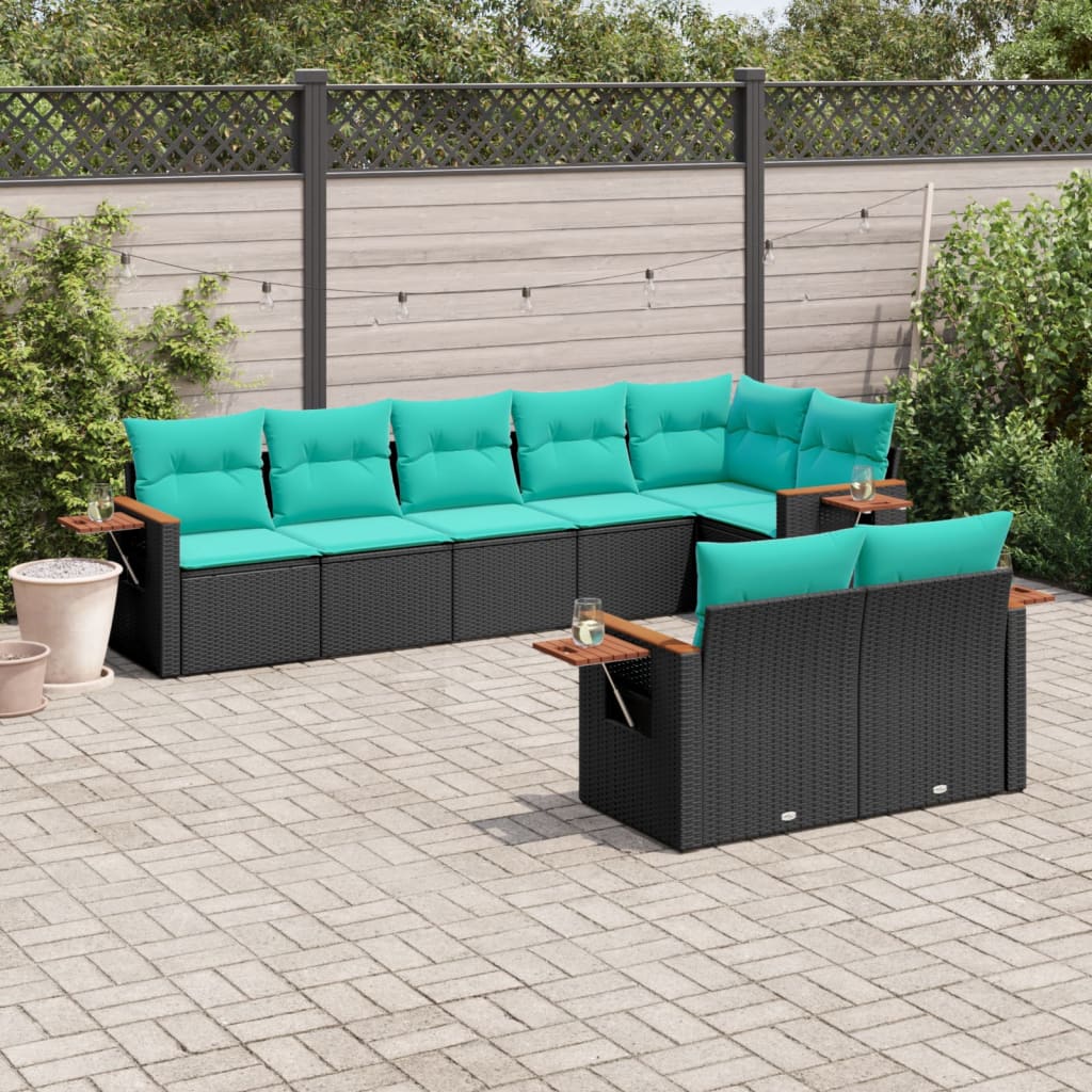 vidaXL 8-tlg. Garten-Sofagarnitur mit Kissen Schwarz Poly Rattan