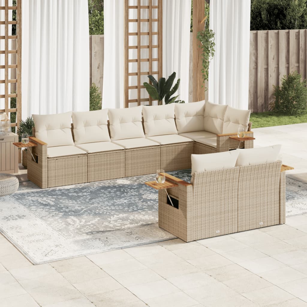 vidaXL 8-tlg. Garten-Sofagarnitur mit Kissen Beige Poly Rattan