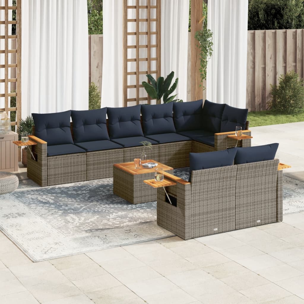 vidaXL 9-tlg. Garten-Sofagarnitur mit Kissen Grau Poly Rattan