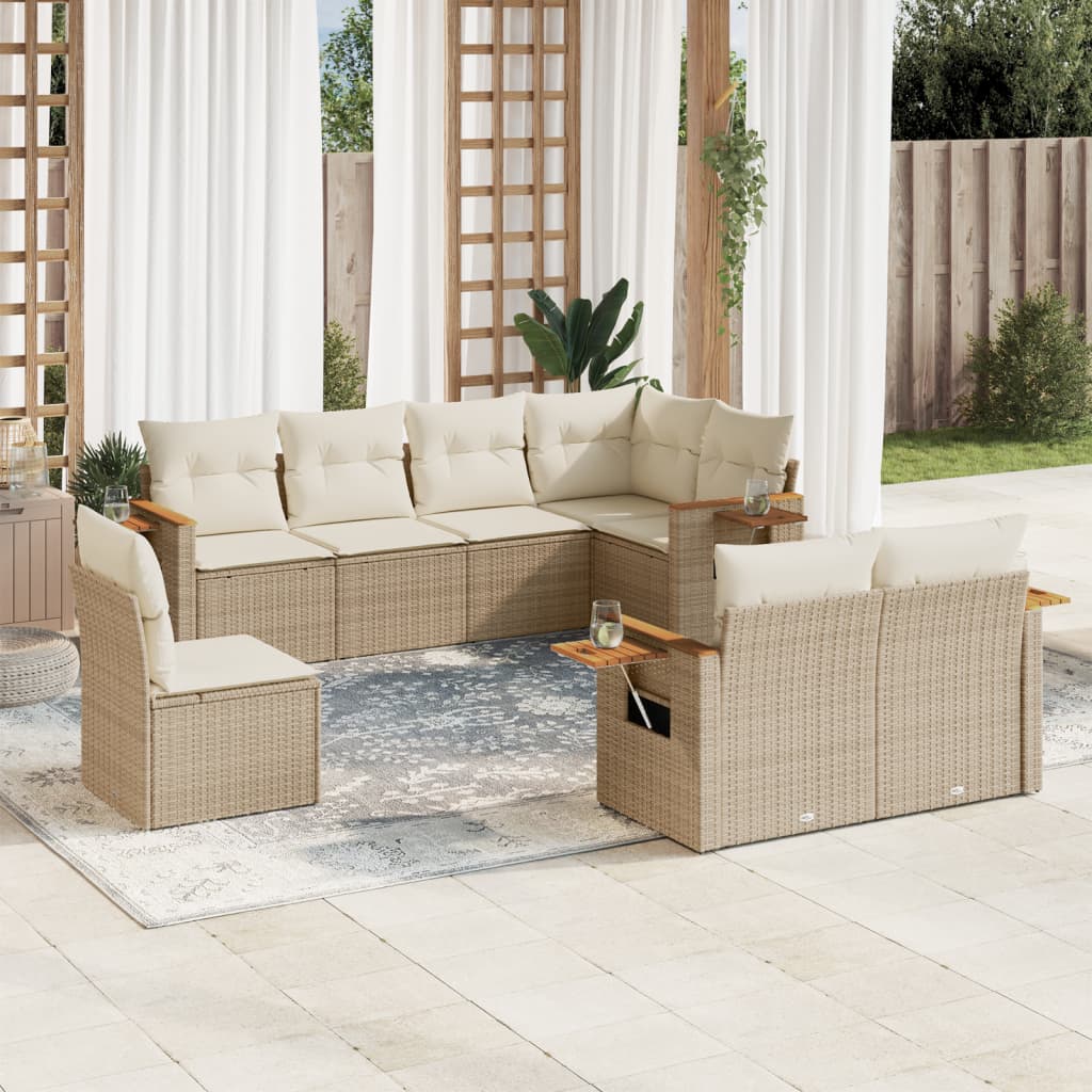 vidaXL 8-tlg. Garten-Sofagarnitur mit Kissen Beige Poly Rattan