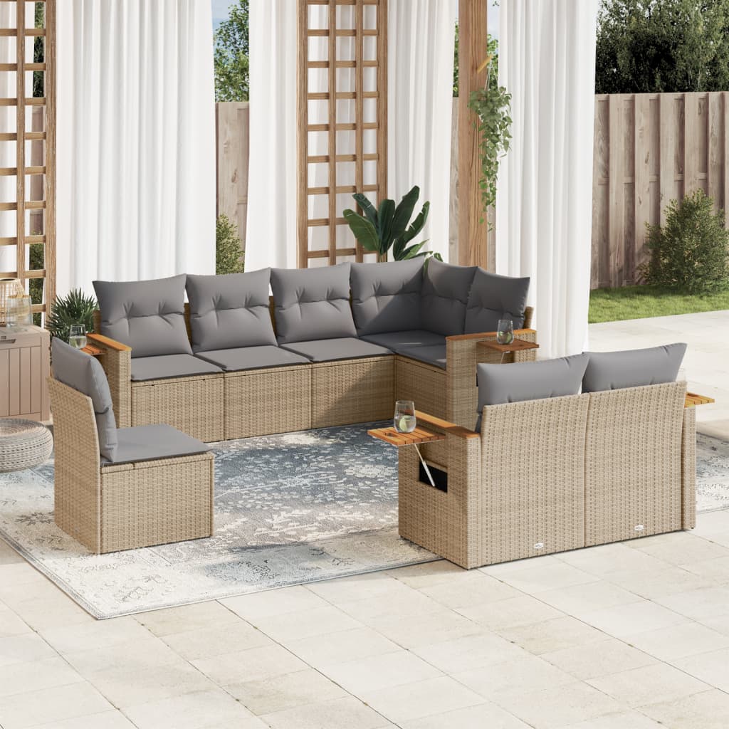 vidaXL 8-tlg. Garten-Sofagarnitur mit Kissen Beige Poly Rattan