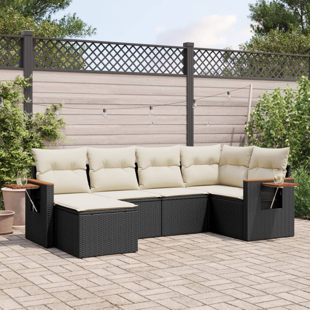 vidaXL 6-tlg. Garten-Sofagarnitur mit Kissen Schwarz Poly Rattan