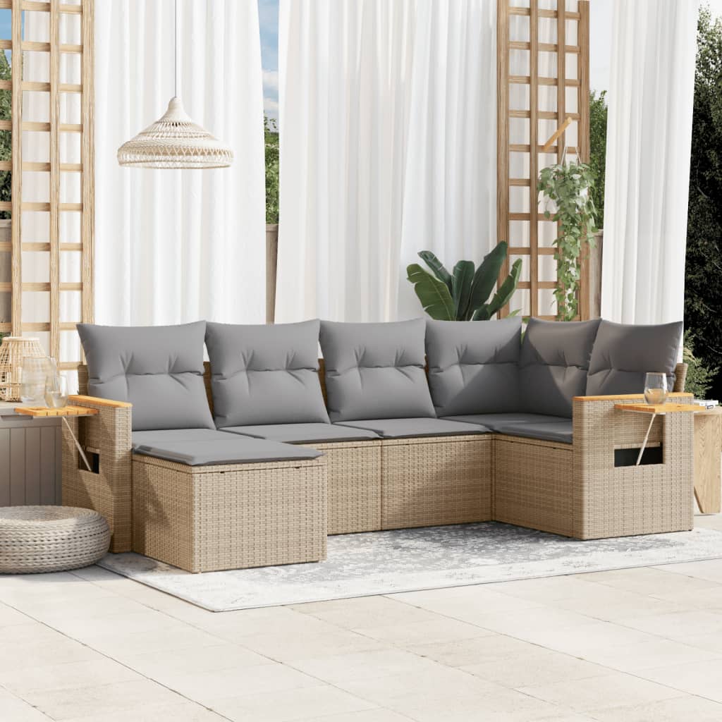 vidaXL 6-tlg. Garten-Sofagarnitur mit Kissen Beige Poly Rattan