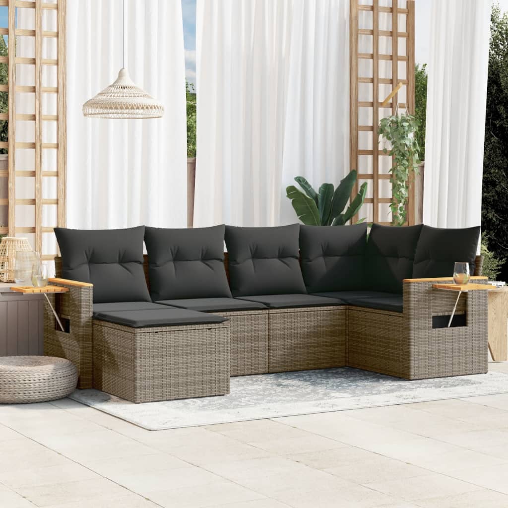 6-tlg. Garten-Sofagarnitur mit Kissen Grau Poly Rattan