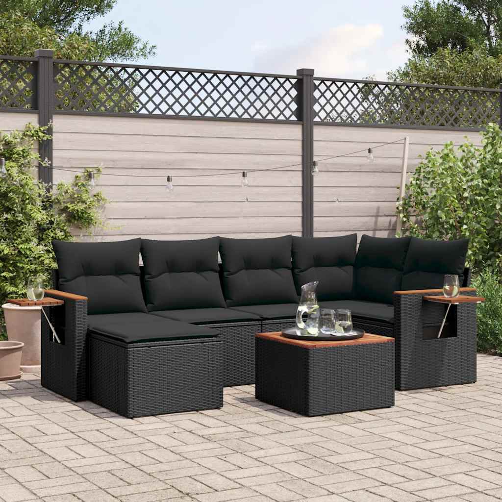 vidaXL 7-tlg. Garten-Sofagarnitur mit Kissen Schwarz Poly Rattan