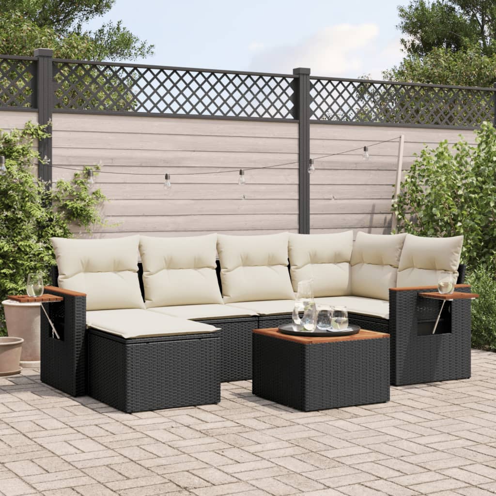 vidaXL 7-tlg. Garten-Sofagarnitur mit Kissen Schwarz Poly Rattan