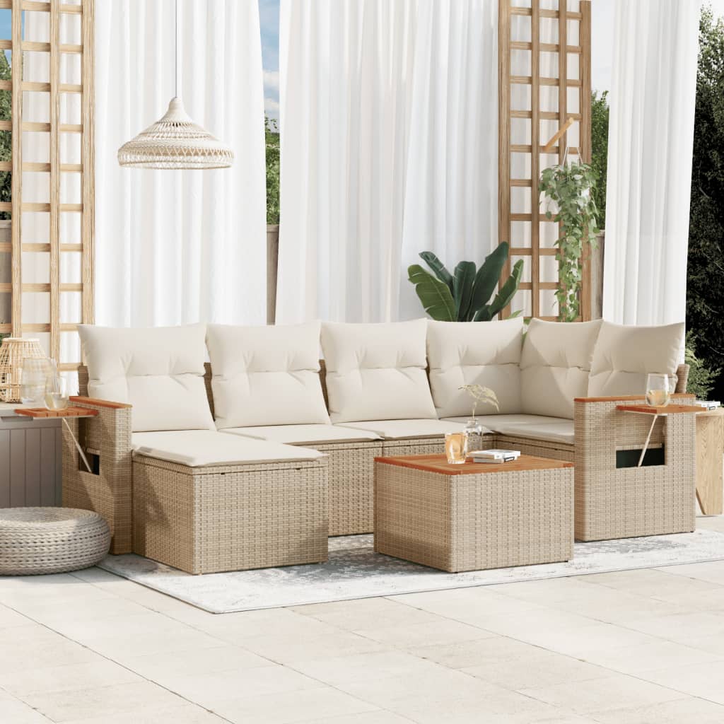 7-tlg. Garten-Sofagarnitur mit Kissen Beige Poly Rattan