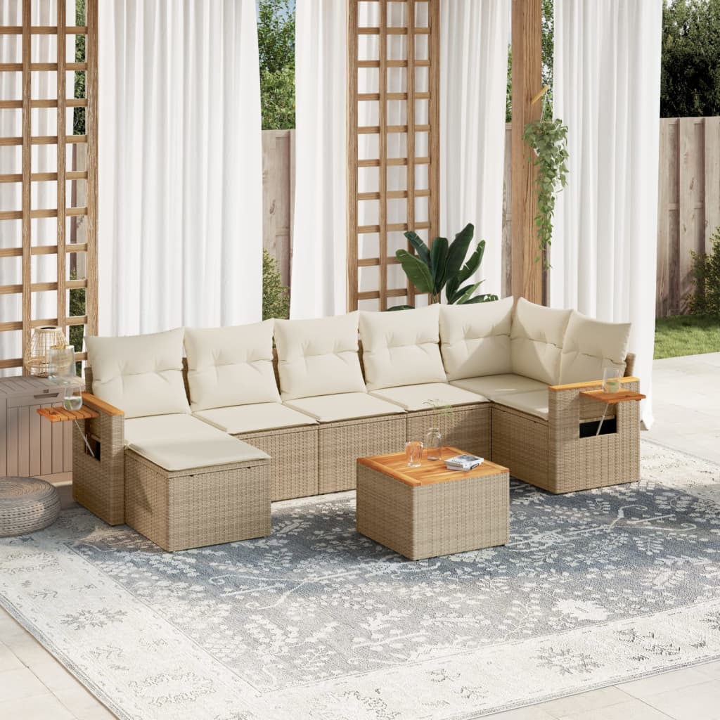 vidaXL 8-tlg. Garten-Sofagarnitur mit Kissen Beige Poly Rattan