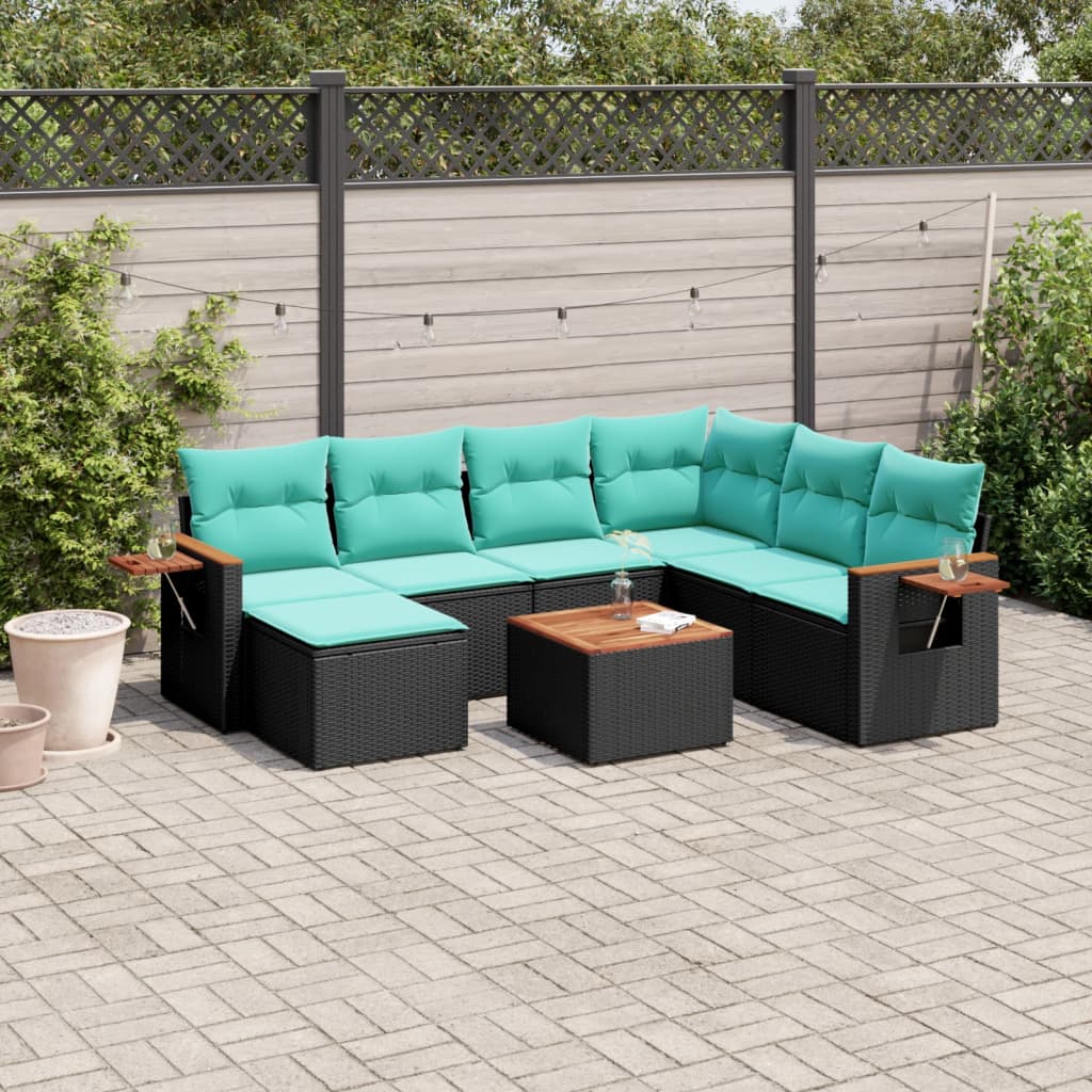 Sofasæt til haven i polyrattan - 8 dele med blå hynder, sort