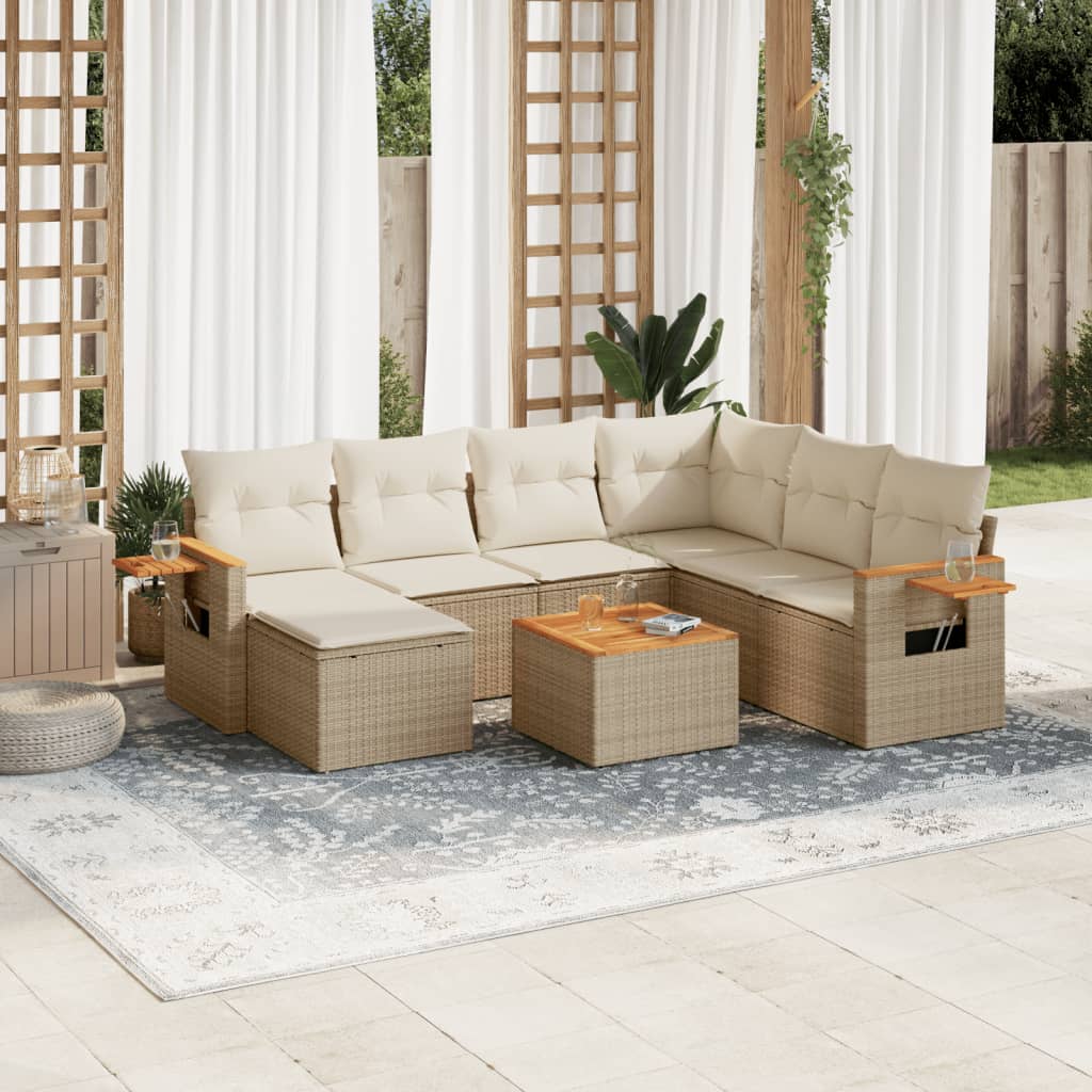 8-tlg. Garten-Sofagarnitur mit Kissen Beige Poly Rattan