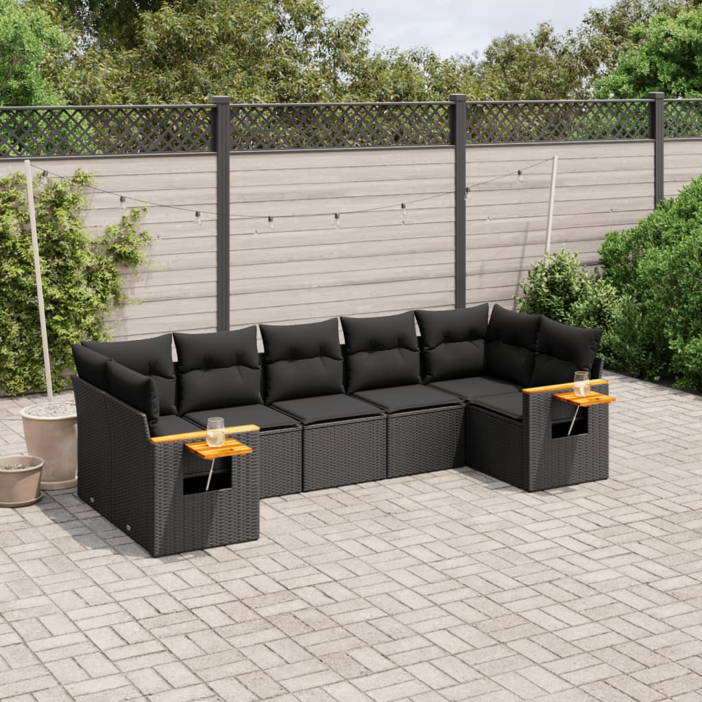 vidaXL 7-tlg. Garten-Sofagarnitur mit Kissen Schwarz Poly Rattan