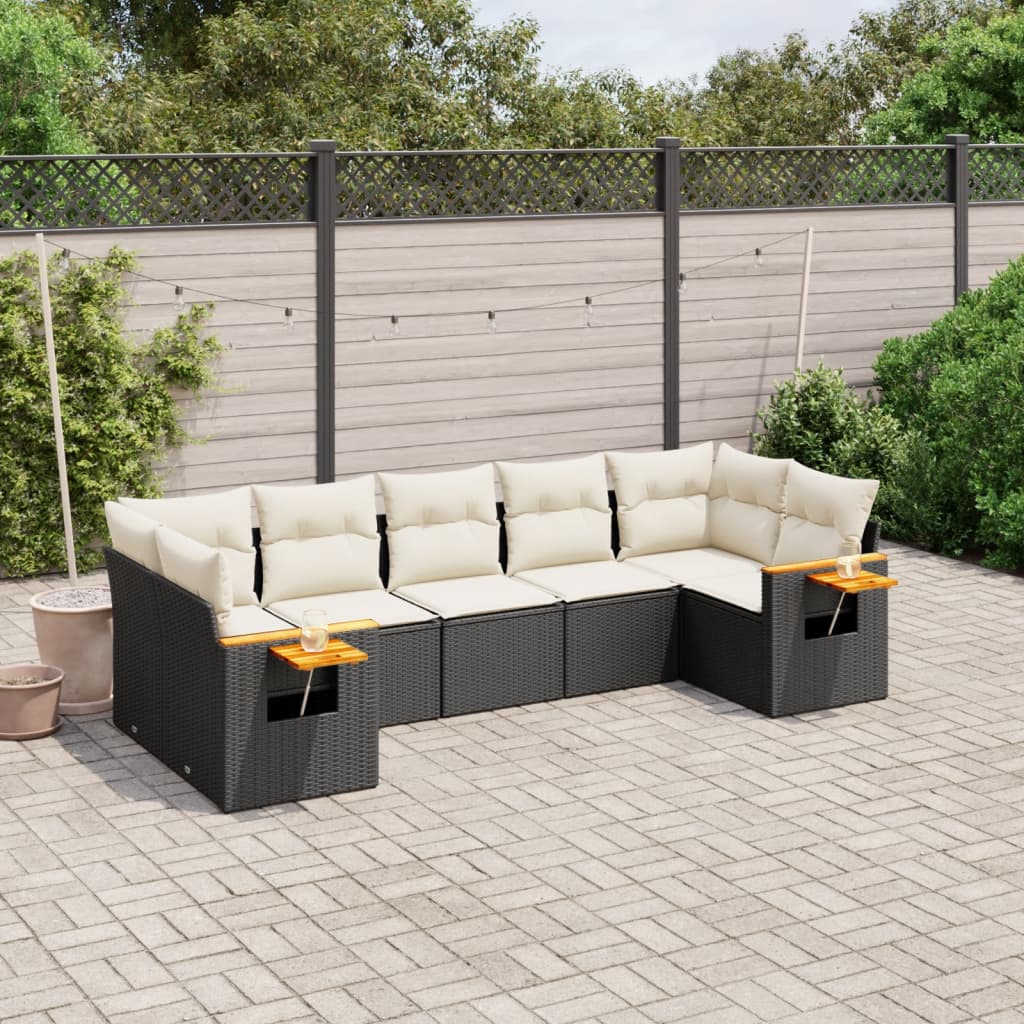 vidaXL 7-tlg. Garten-Sofagarnitur mit Kissen Schwarz Poly Rattan