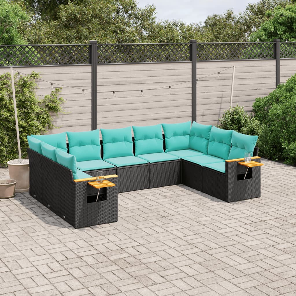 vidaXL 9-tlg. Garten-Sofagarnitur mit Kissen Schwarz Poly Rattan