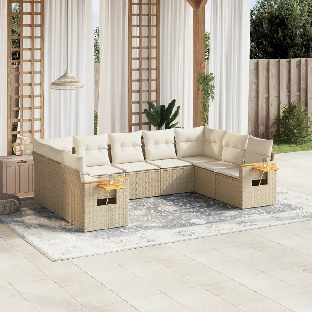 vidaXL 9-tlg. Garten-Sofagarnitur mit Kissen Beige Poly Rattan