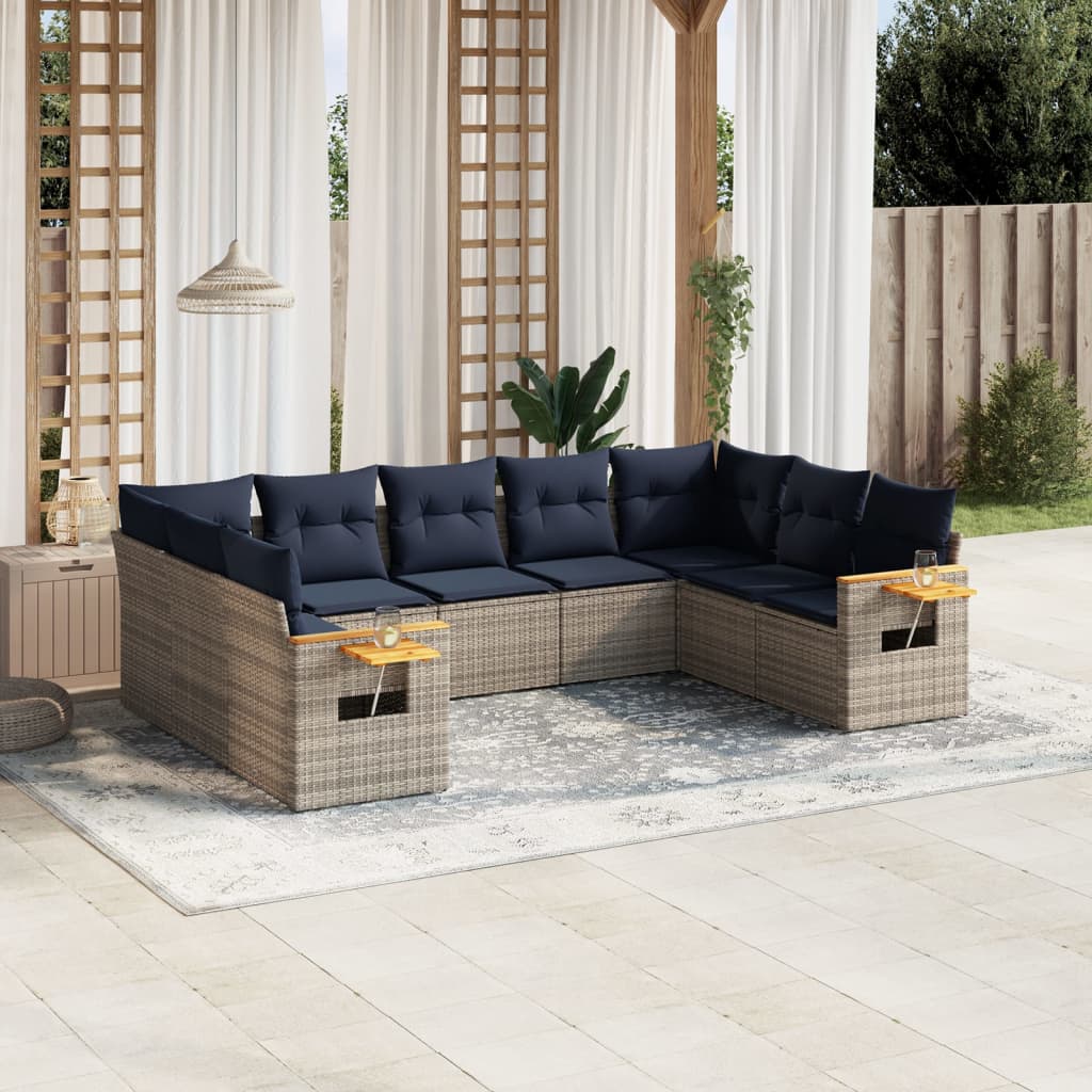 vidaXL Set canapele de grădină, 9 piese, cu perne, gri, poliratan