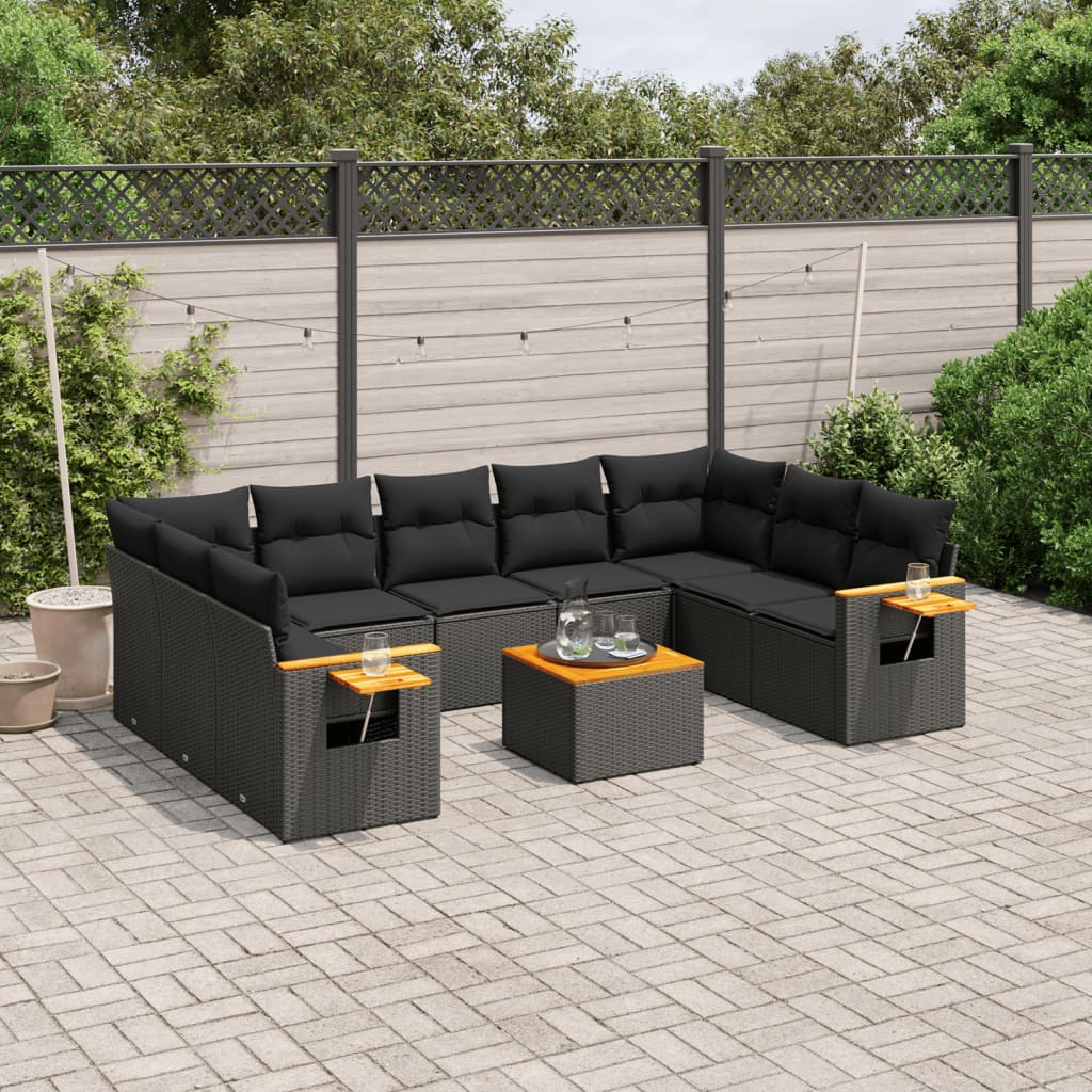 vidaXL Salon de jardin 10 pcs avec coussins noir résine tressée