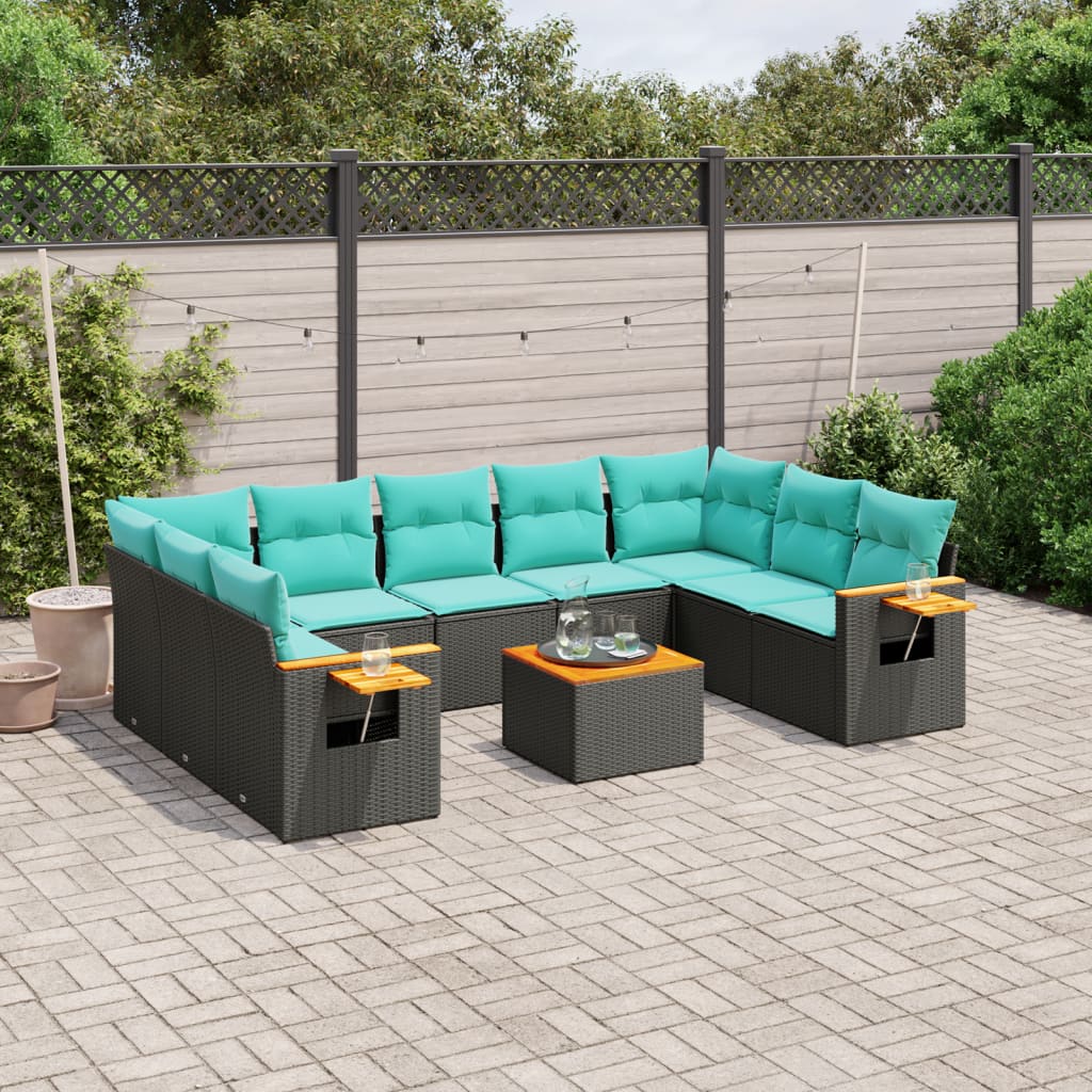 vidaXL 10-tlg. Garten-Sofagarnitur mit Kissen Schwarz Poly Rattan