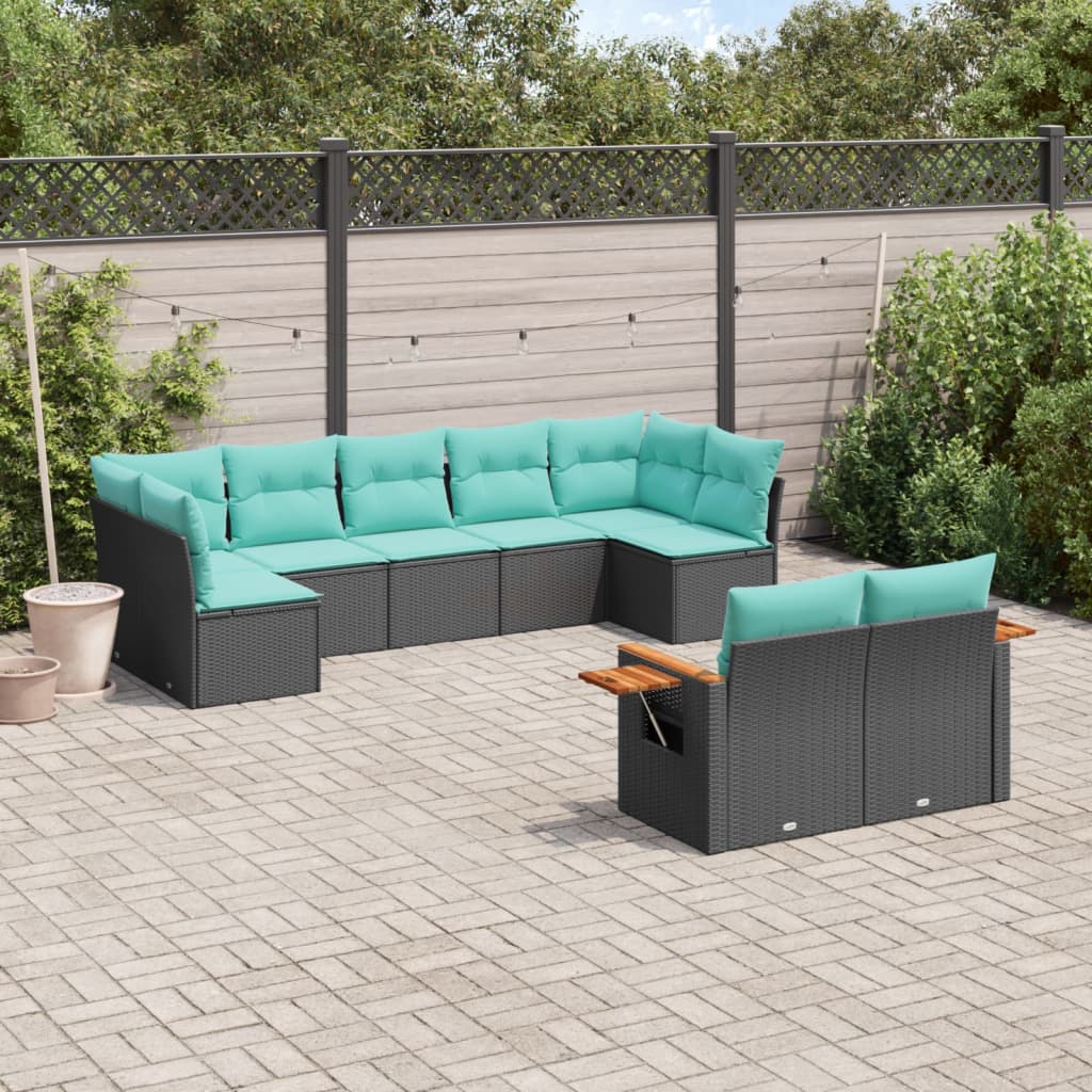 vidaXL Set mobilier de grădină cu perne, 9 piese, negru, poliratan