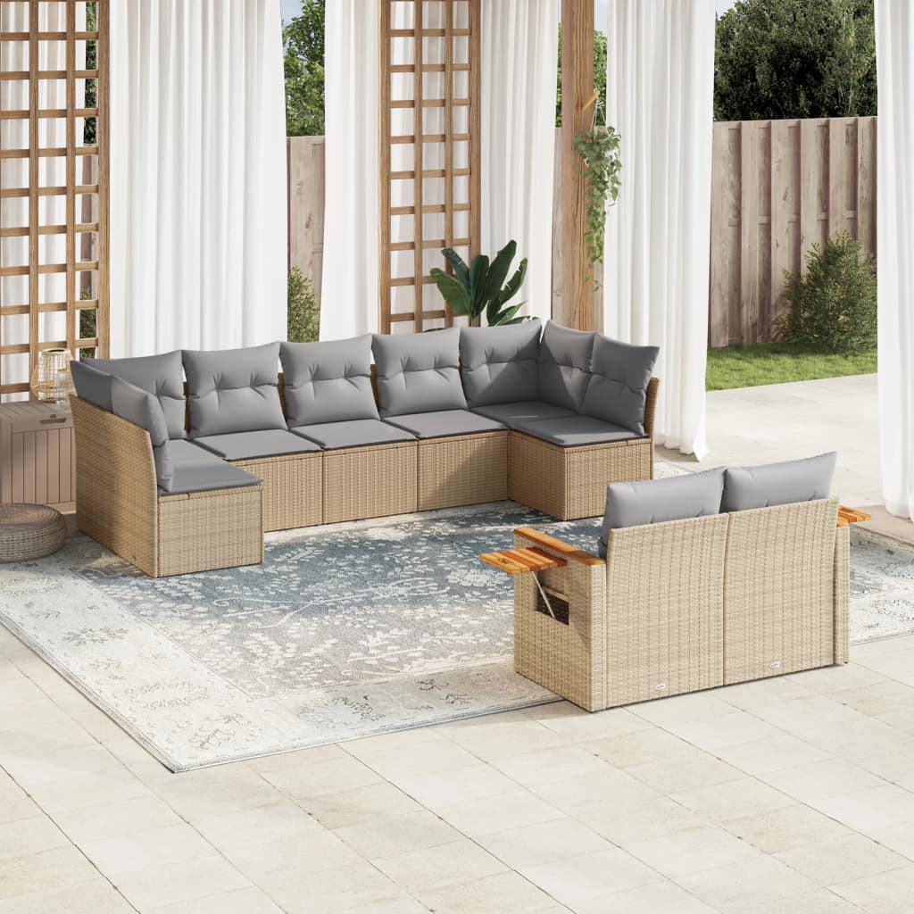 vidaXL 9-tlg. Garten-Sofagarnitur mit Kissen Beige Poly Rattan