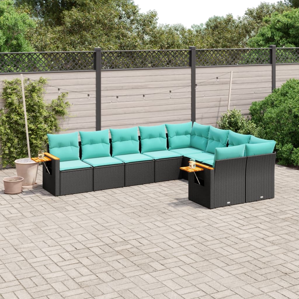 vidaXL 9-tlg. Garten-Sofagarnitur mit Kissen Schwarz Poly Rattan