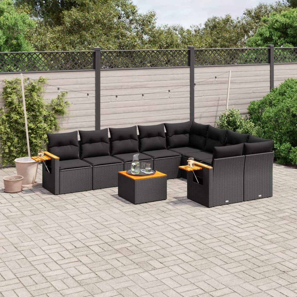 vidaXL 10-tlg. Garten-Sofagarnitur mit Kissen Schwarz Poly Rattan