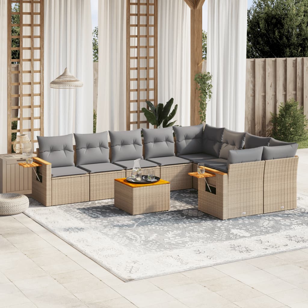 vidaXL 10-tlg. Garten-Sofagarnitur mit Kissen Beige Poly Rattan