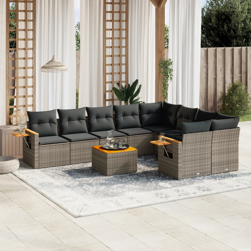 vidaXL 10-tlg. Garten-Sofagarnitur mit Kissen Grau Poly Rattan