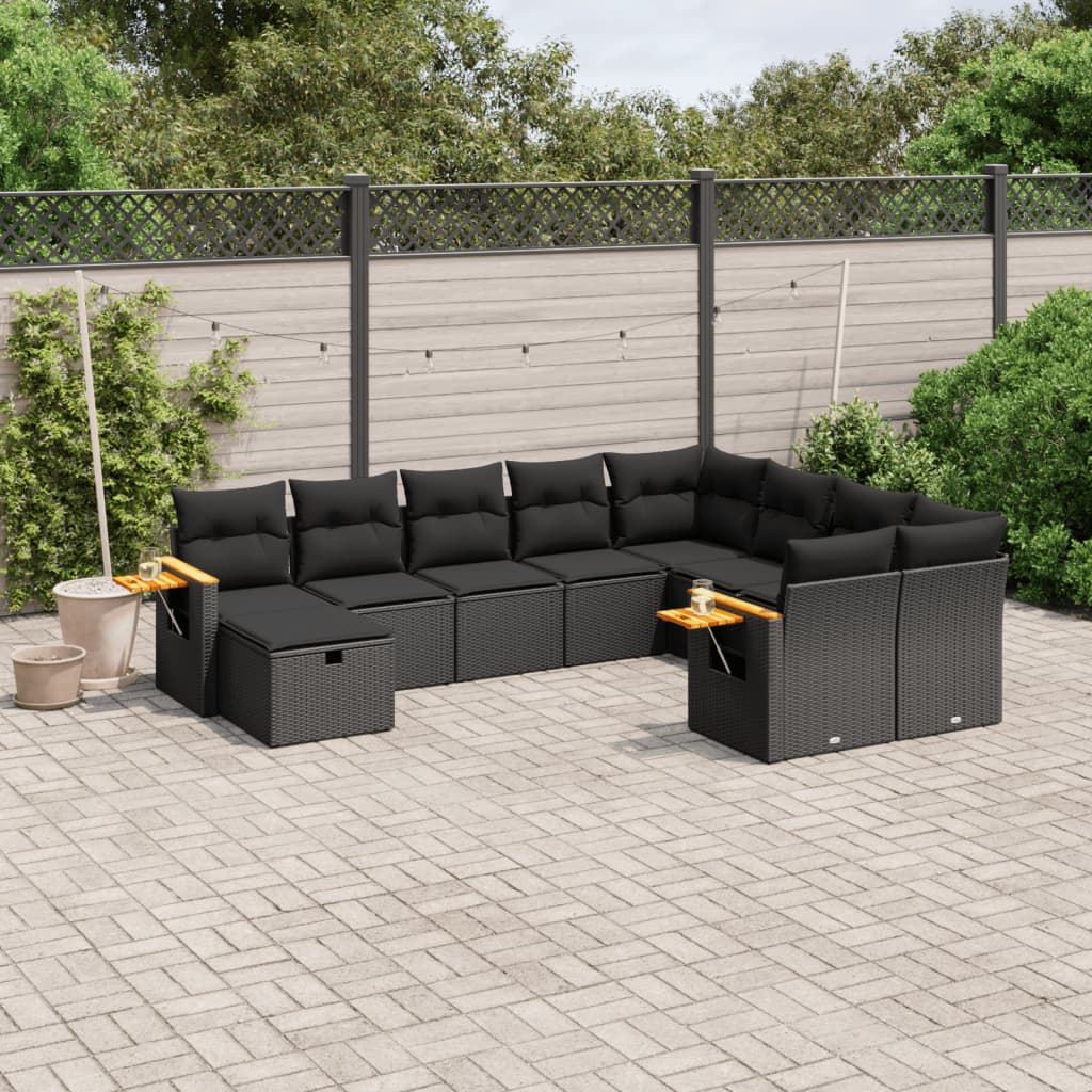 vidaXL 10-tlg. Garten-Sofagarnitur mit Kissen Schwarz Poly Rattan