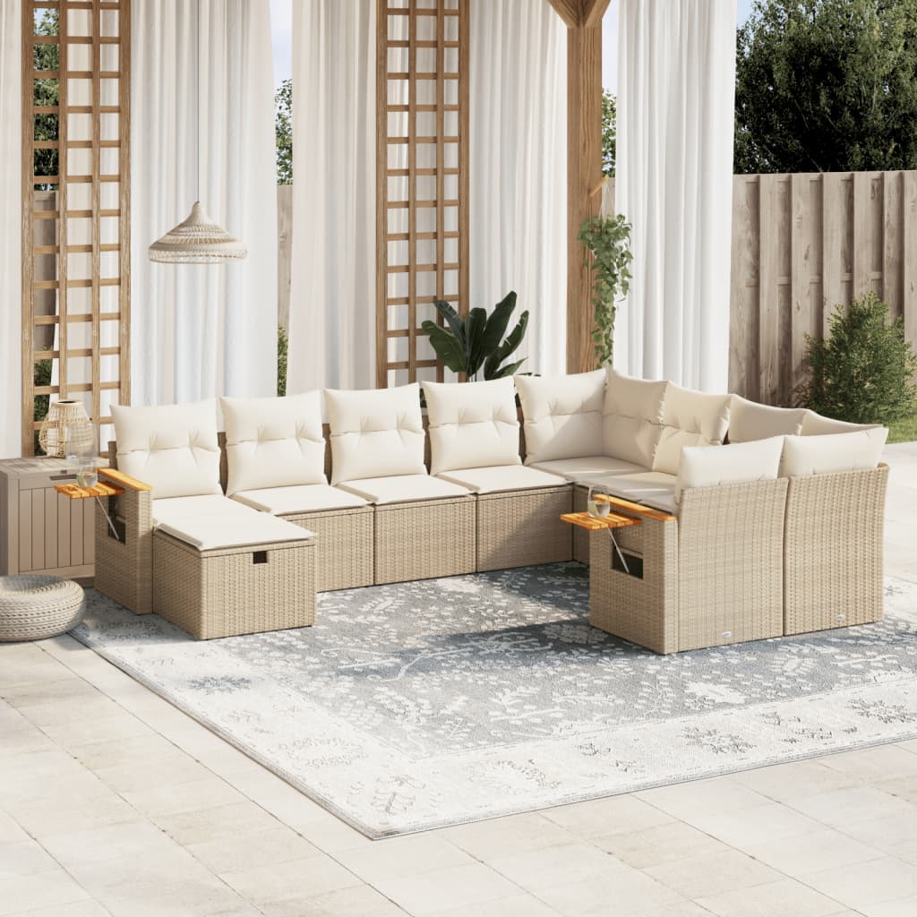 vidaXL 10-tlg. Garten-Sofagarnitur mit Kissen Beige Poly Rattan