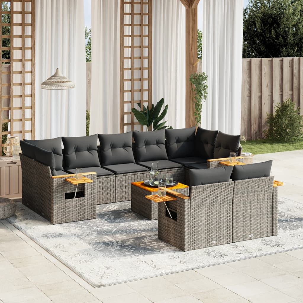 vidaXL Salon de jardin avec coussins 10 pcs gris résine tressée