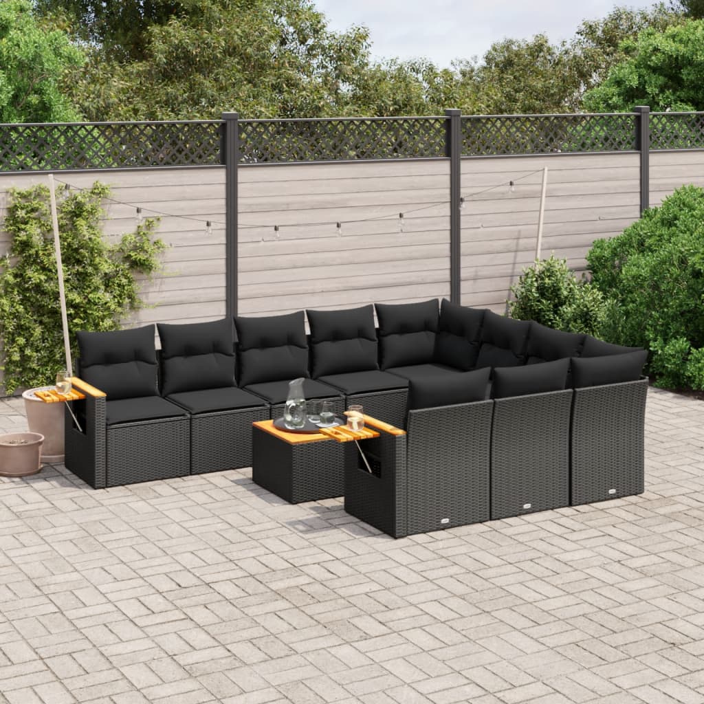 11-tlg. Garten-Sofagarnitur mit Kissen Schwarz Poly Rattan