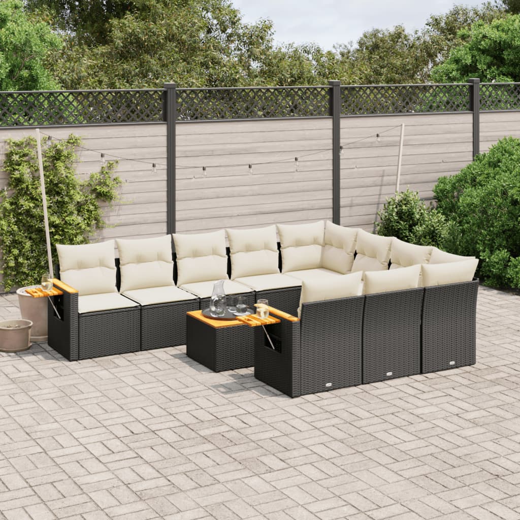 vidaXL 11-tlg. Garten-Sofagarnitur mit Kissen Schwarz Poly Rattan