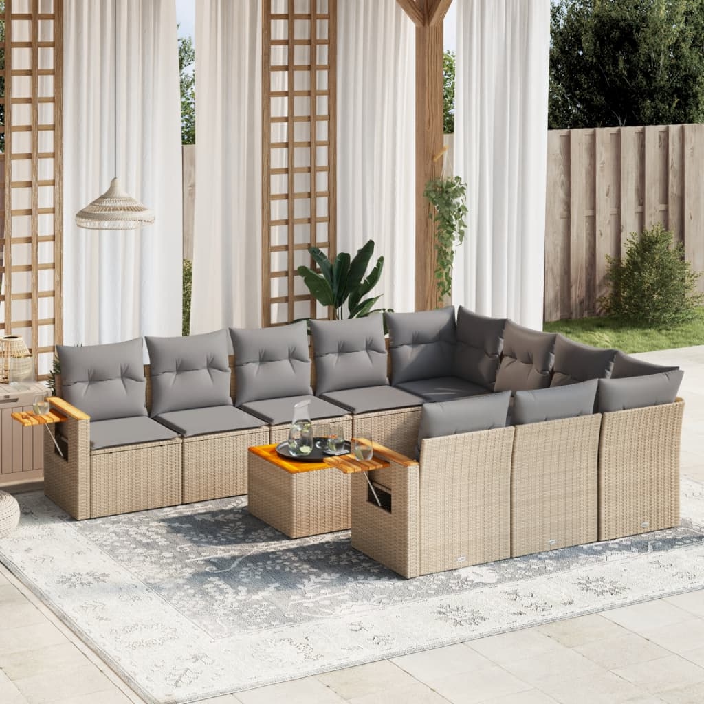 vidaXL 11-tlg. Garten-Sofagarnitur mit Kissen Beige Poly Rattan