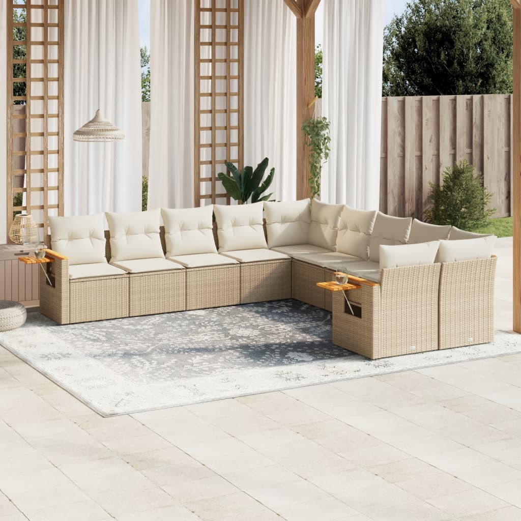 vidaXL 10-tlg. Garten-Sofagarnitur mit Kissen Beige Poly Rattan