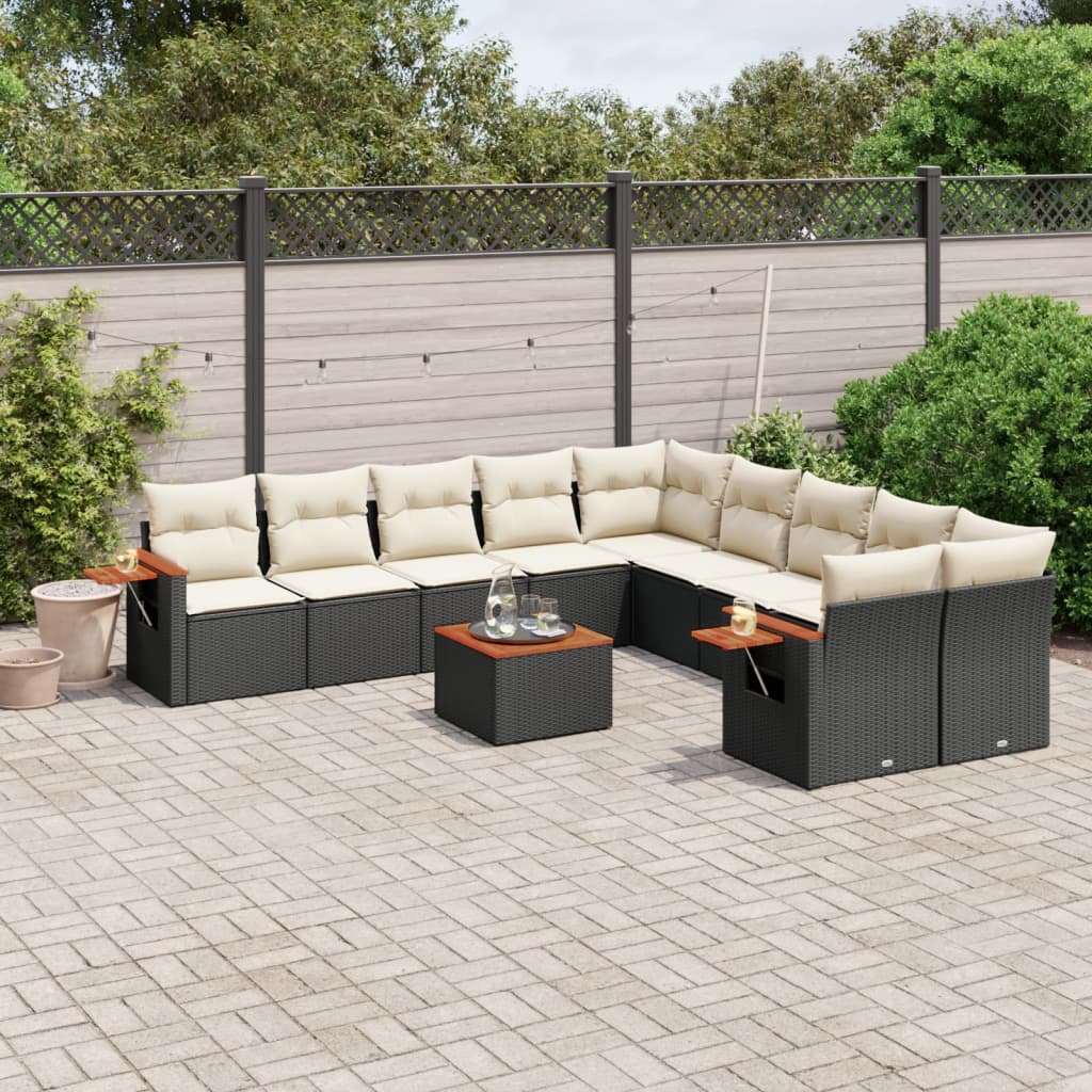 vidaXL 11-tlg. Garten-Sofagarnitur mit Kissen Schwarz Poly Rattan