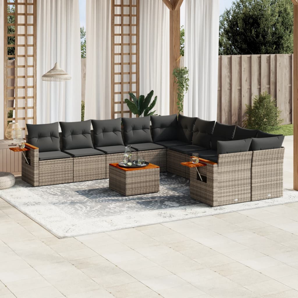 vidaXL 11-tlg. Garten-Sofagarnitur mit Kissen Grau Poly Rattan