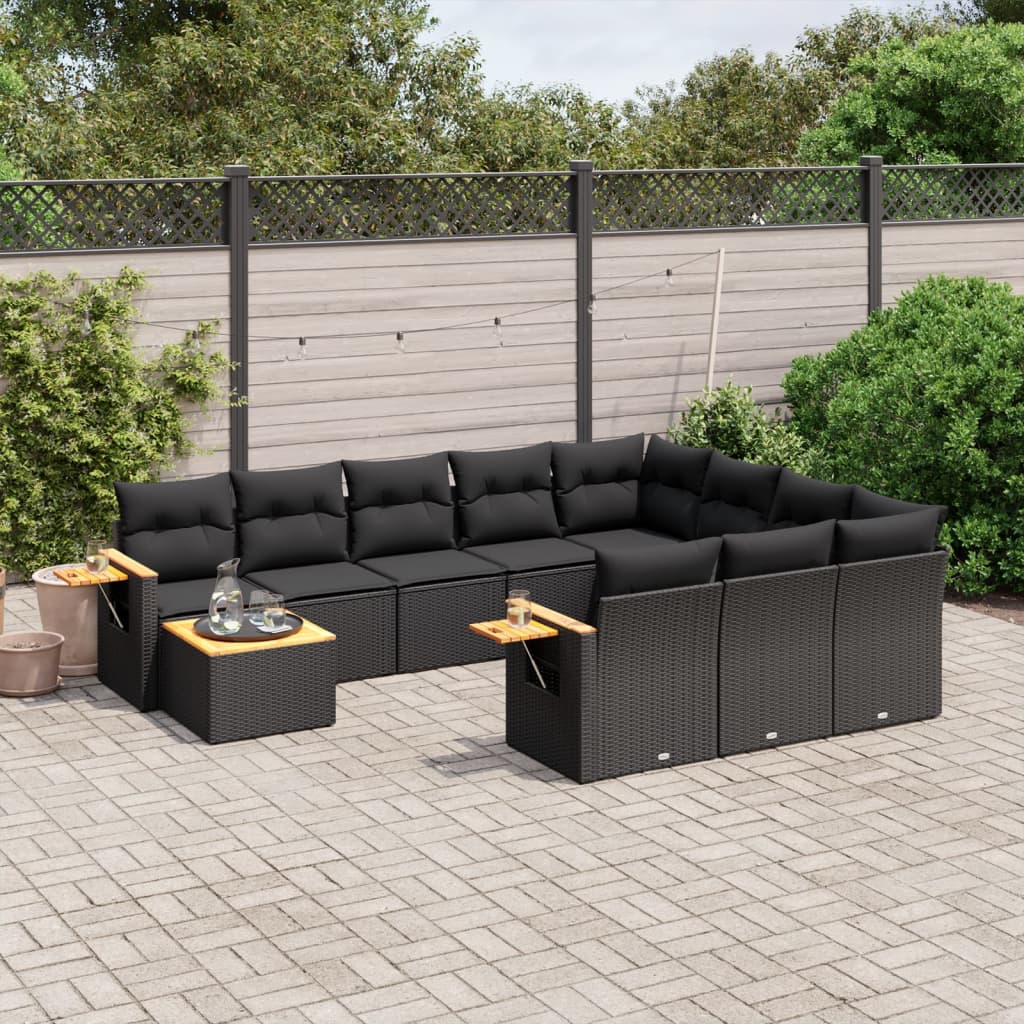 vidaXL 11-tlg. Garten-Sofagarnitur mit Kissen Schwarz Poly Rattan