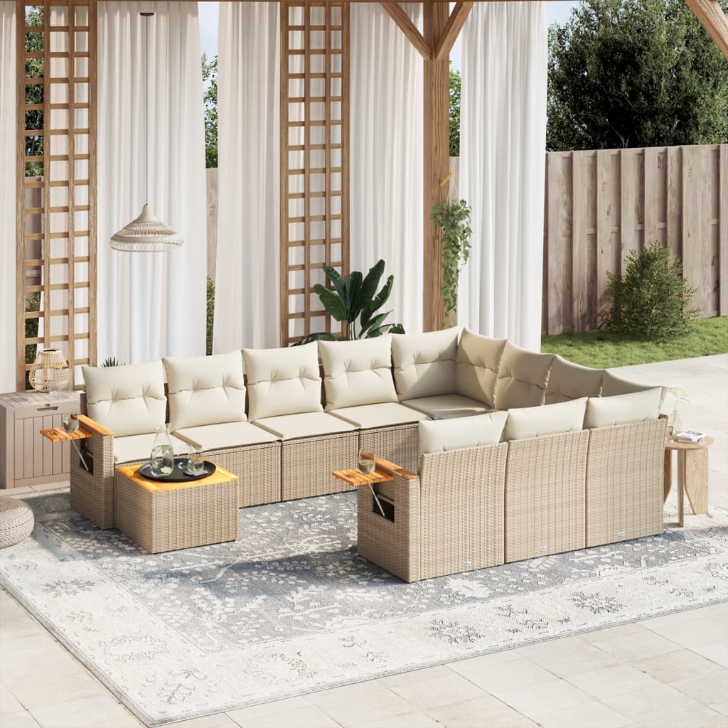 vidaXL 11-tlg. Garten-Sofagarnitur mit Kissen Beige Poly Rattan