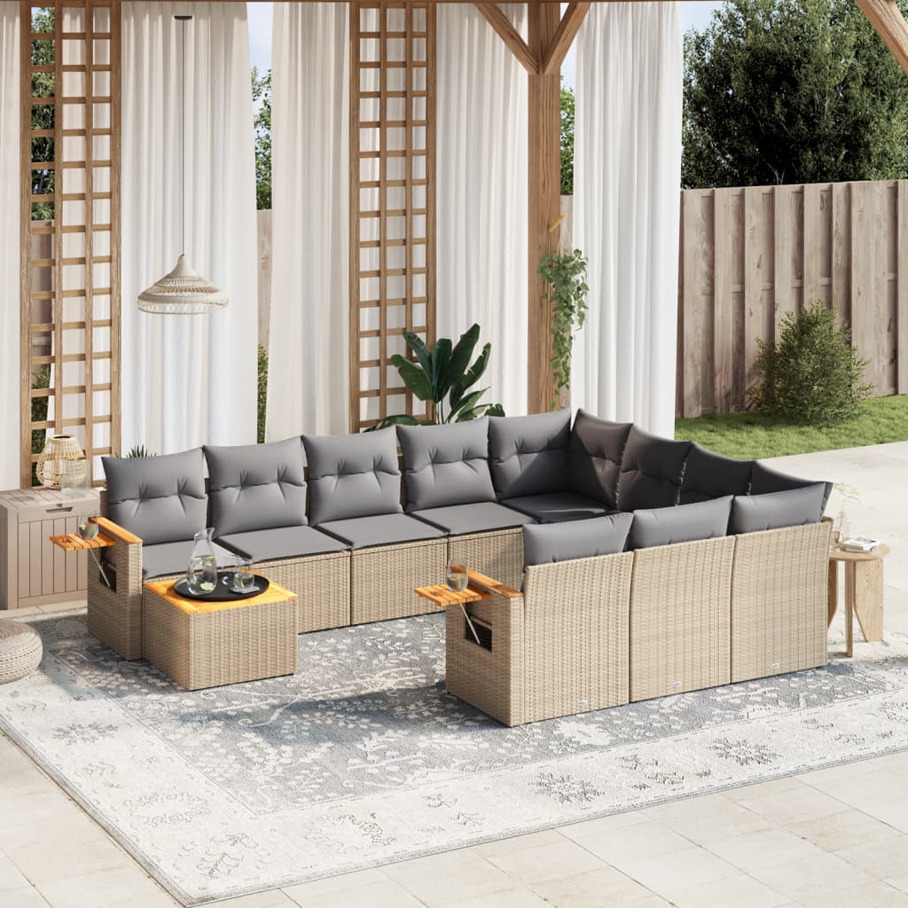 vidaXL 11-tlg. Garten-Sofagarnitur mit Kissen Beige Poly Rattan