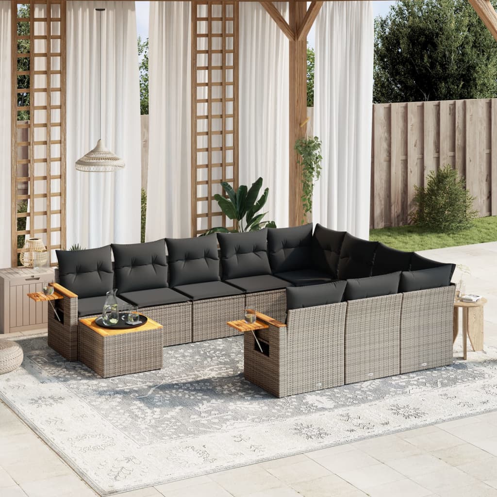 vidaXL 11-tlg. Garten-Sofagarnitur mit Kissen Grau Poly Rattan