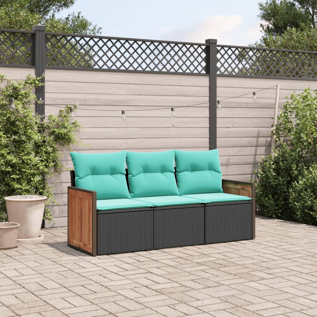 vidaXL 3-teiliges Gartensofa-Set mit Kissen, schwarzes Polyrattan