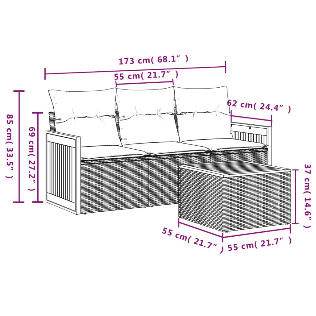 4-teiliges Gartensofa-Set mit Kissen, schwarzes Polyrattan – Ansicht 7