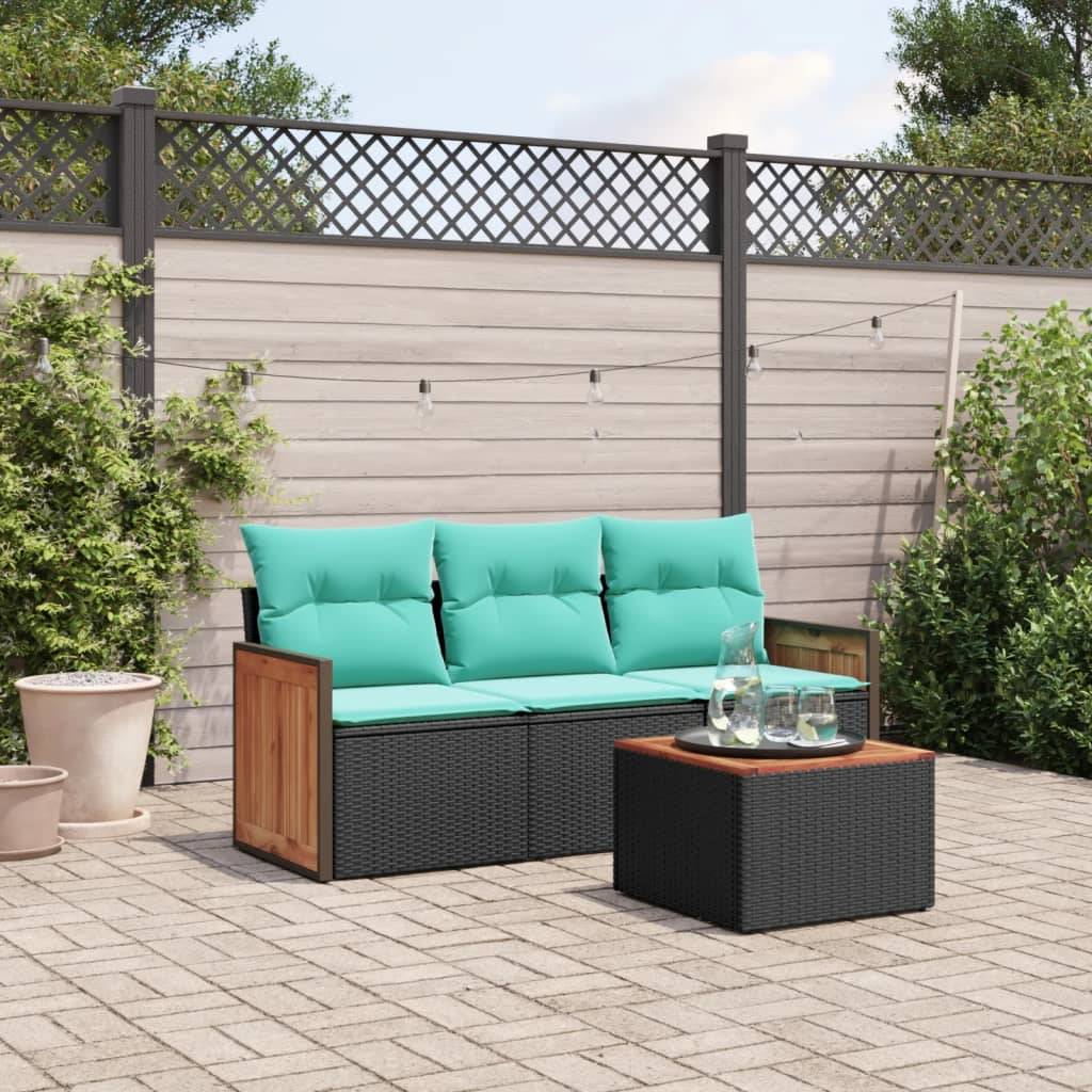 vidaXL 4-teiliges Gartensofa-Set mit Kissen, schwarzes Polyrattan